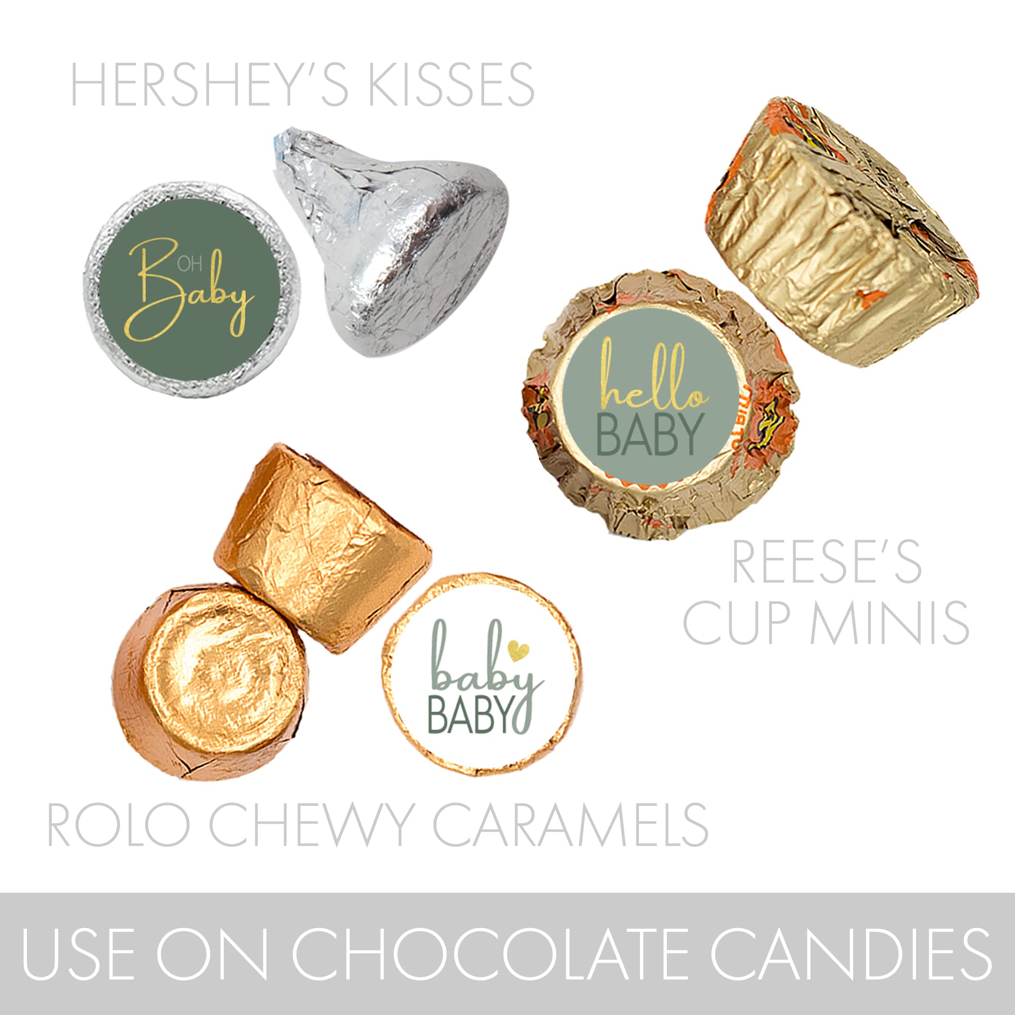 Green And Gold Baby Shower Party Favor Kisses Candy Stickers - Sweet Baby Party Favors - 180 Labels